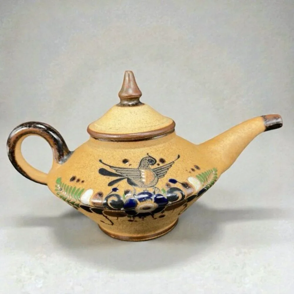 Hand Made Mexico Pottery‎ Tonala Signed Neto Mexico Teapot Carafe Jug Bird Decor